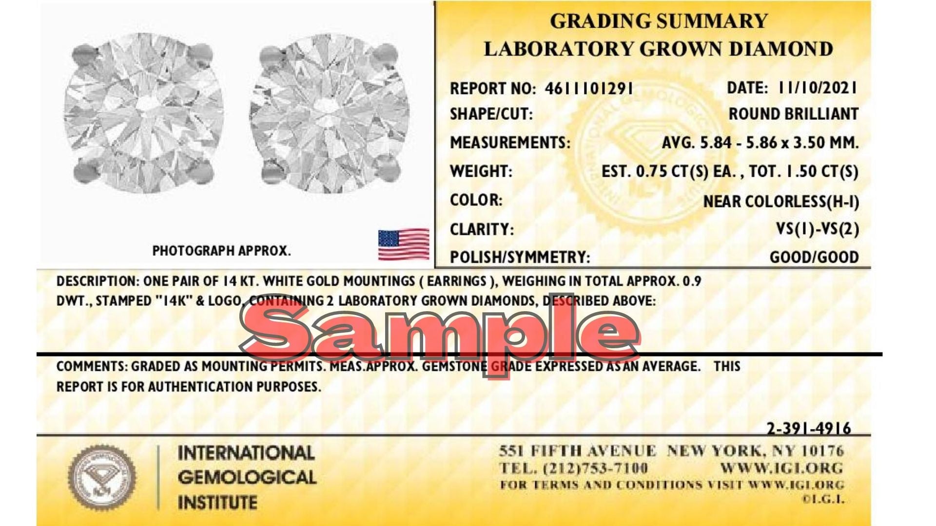 Alt text: Close-up front view of a pair of white metal stud earrings each set with a round white gemstone in a prong setting, shown on a grading certificate background.