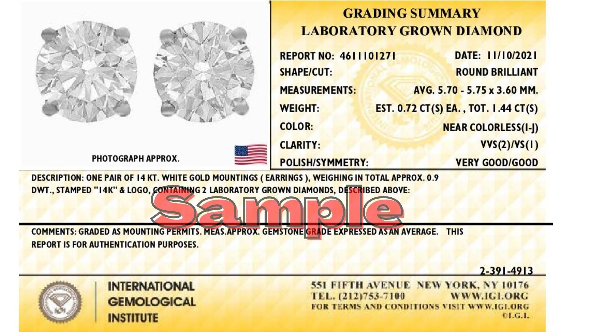 Alt text: Close-up front view of a pair of white metal stud earrings, each featuring a round white gemstone held by a four-prong setting, shown against a white background.