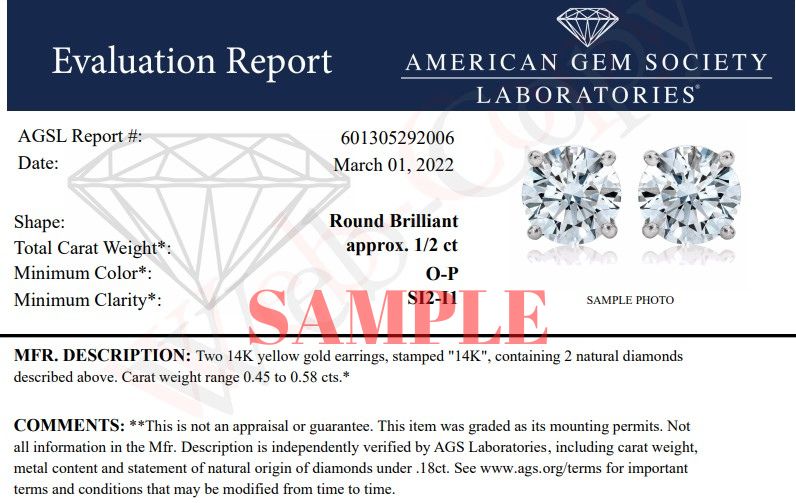 Close-up view of yellow metal stud earrings, each featuring a single round white gemstone set in a four-prong setting, shown on a white background.