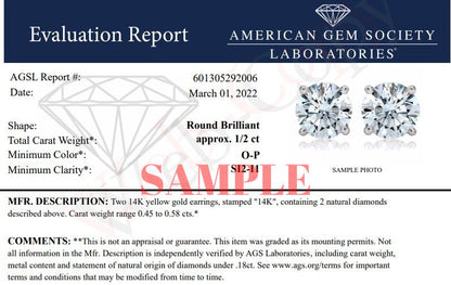 Close-up view of yellow metal stud earrings, each featuring a single round white gemstone set in a four-prong setting, shown on a white background.