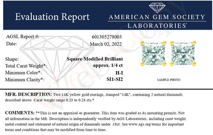 Pair of yellow metal stud earrings with square modified brilliant white gemstones in a 4-prong setting, shown at a front angle on a white background.