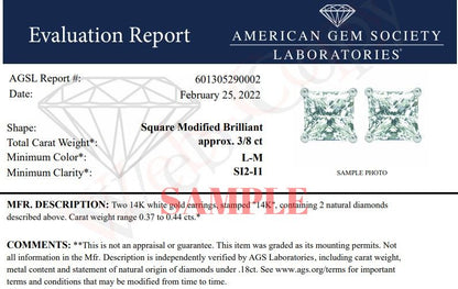 Alt text: Front view of a pair of white metal earrings each featuring a single princess-shaped white gemstone set in a four-prong setting.