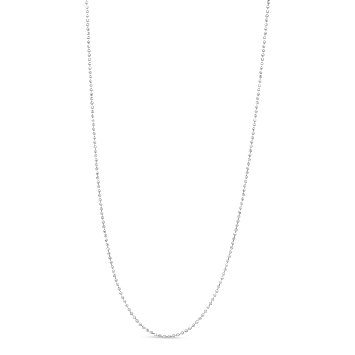 Front view of a white metal ball chain necklace laid flat against a white background.