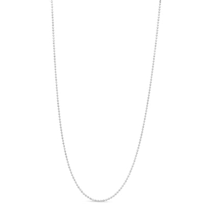 Front view of a white metal ball chain necklace laid flat against a white background.