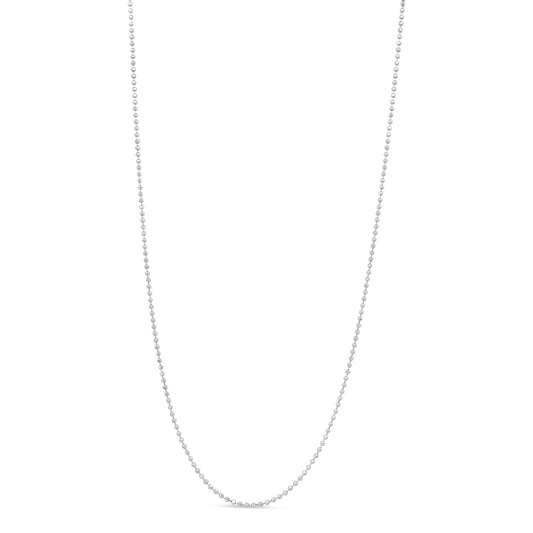 Front view of a white metal ball chain necklace laid flat against a white background.