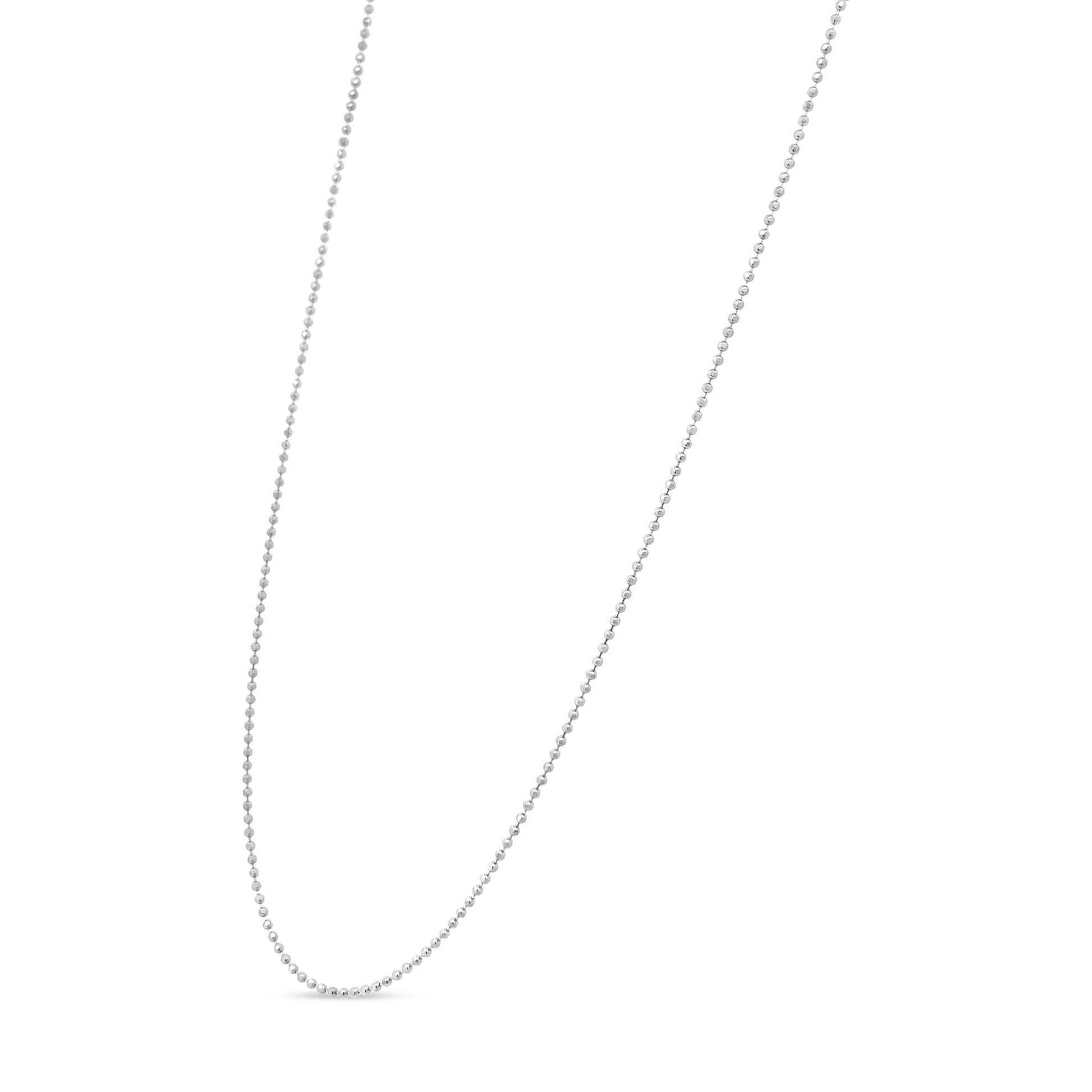 White metal ball chain necklace shown against a white background, photographed at a slight angle.