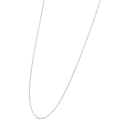 White metal ball chain necklace shown against a white background, photographed at a slight angle.