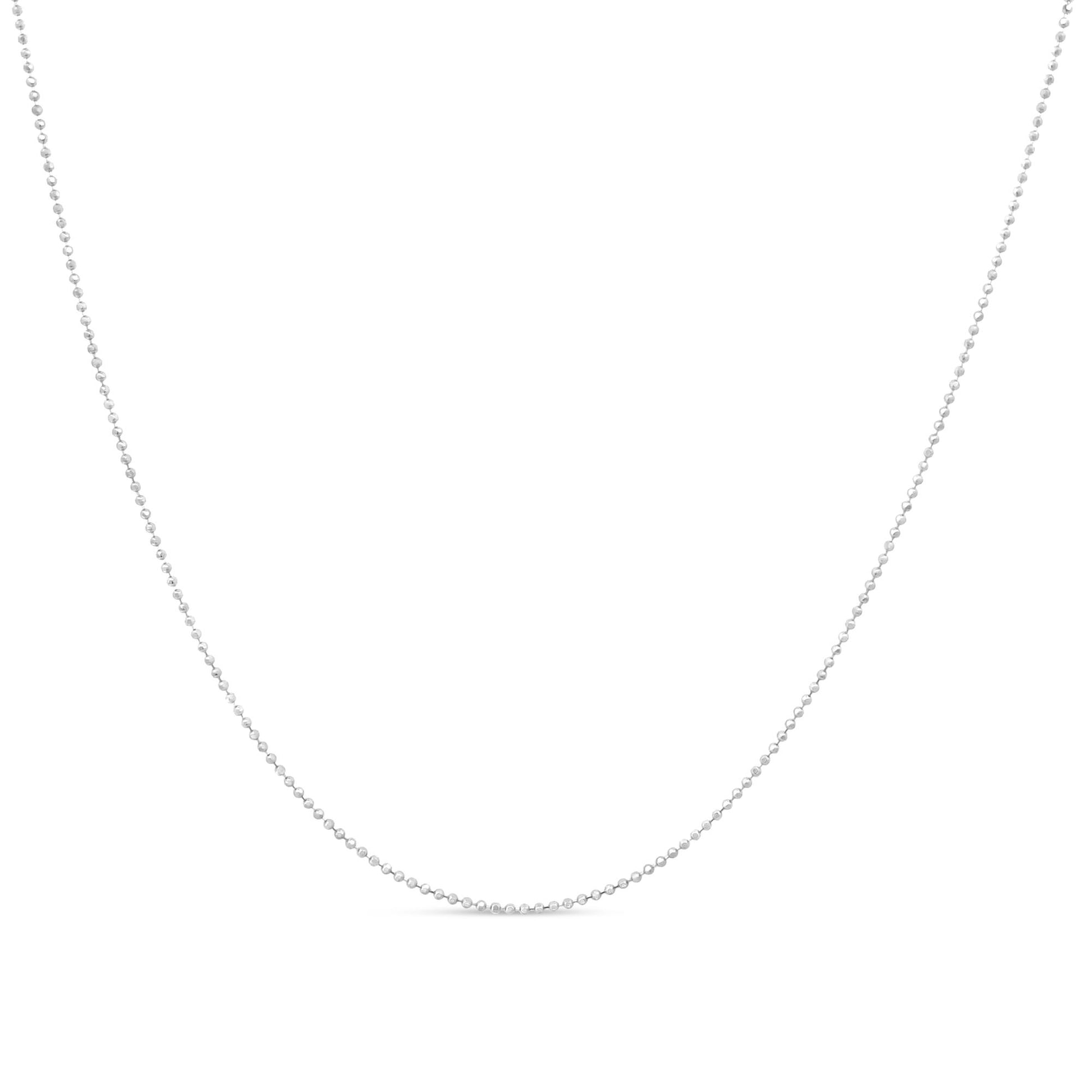 Front view of a delicate white metal chain with small evenly spaced round beads.