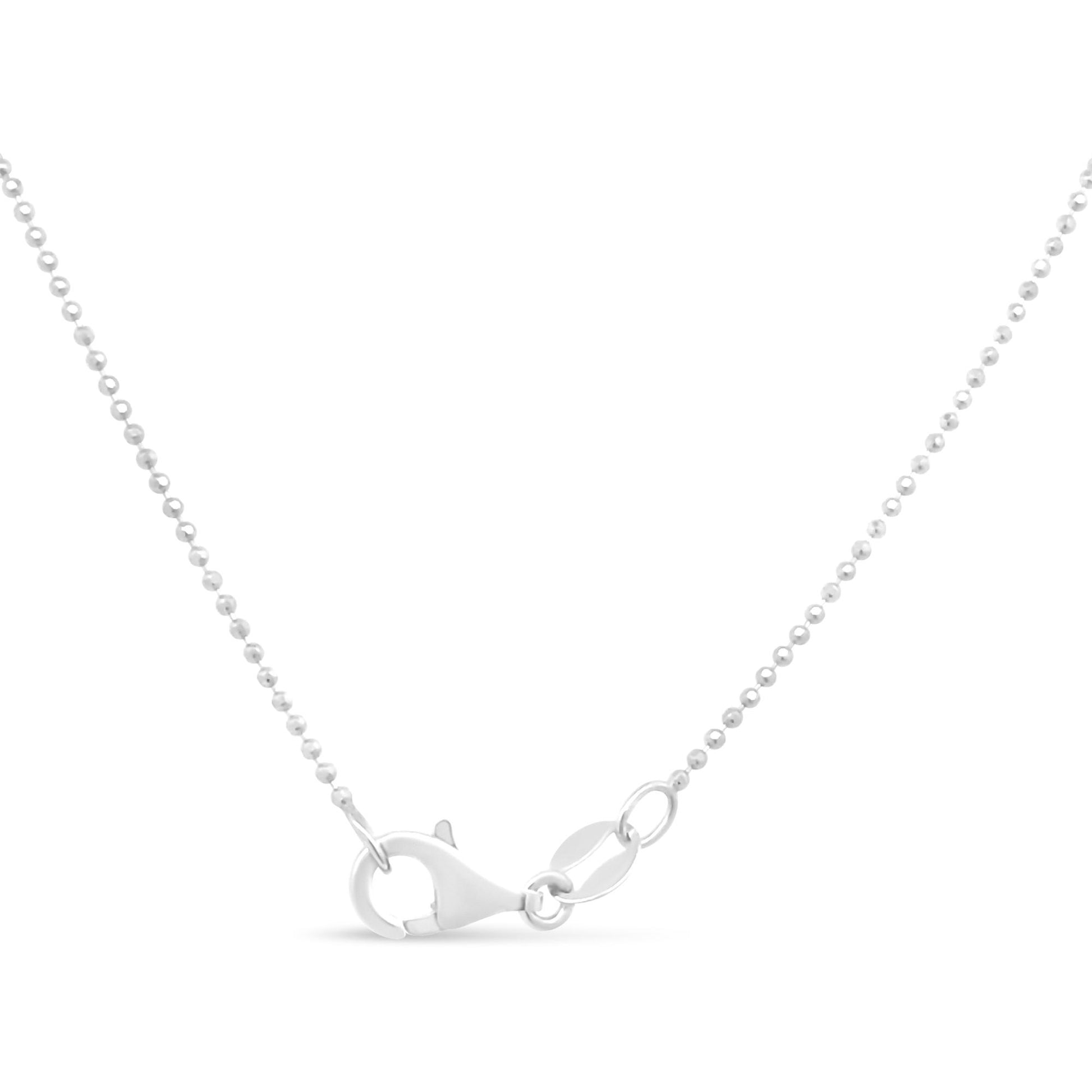 Close-up front view of a white metal chain with small round links and a lobster clasp closure.