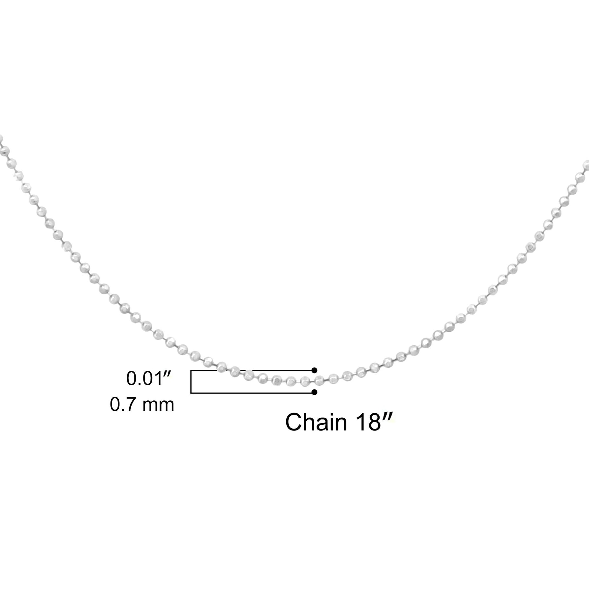 Close-up front angle of a white metal ball chain displayed with measurement markings.