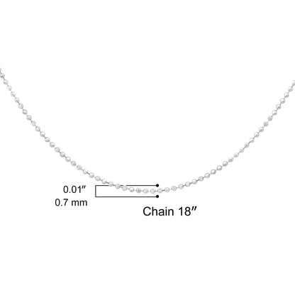 Close-up front angle of a white metal ball chain displayed with measurement markings.