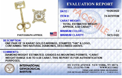 Alt text: Front and back view of a pair of yellow metal stud earrings featuring princess-shaped white gemstones in four-prong settings, shown on a white background.