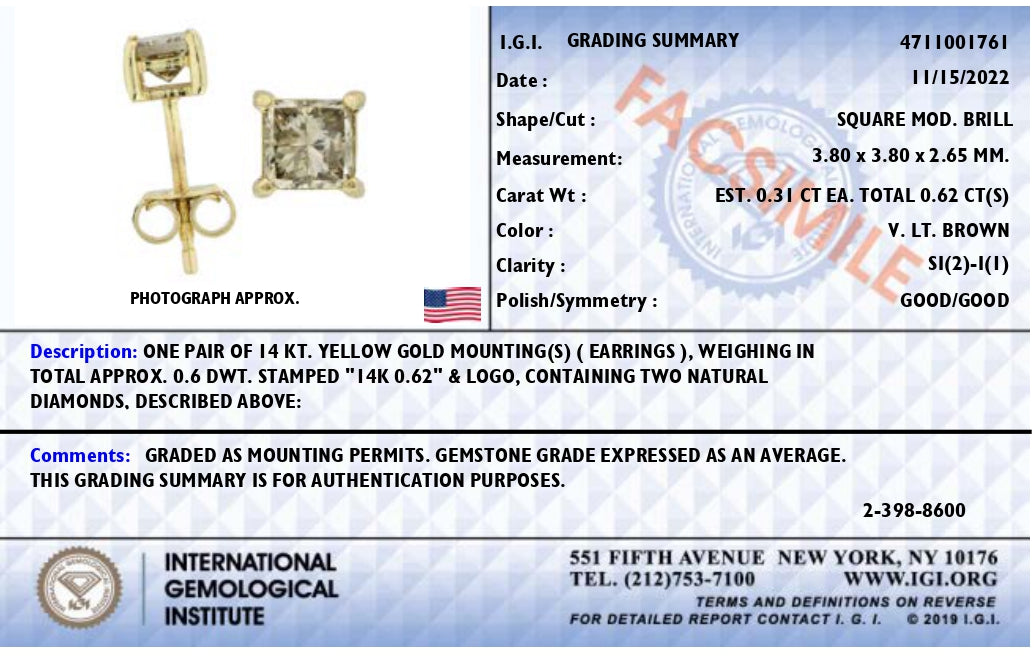 Close-up image of a single yellow metal stud earring with a square brown gemstone in a four-prong setting, shown from a slight angle.