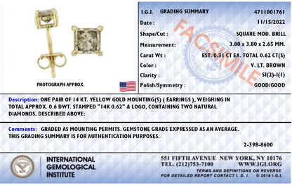 Close-up image of a single yellow metal stud earring with a square brown gemstone in a four-prong setting, shown from a slight angle.