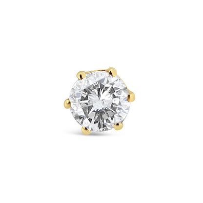 Single yellow metal stud earring with a round white gemstone in a 6-prong setting, shown from the front on a white background.