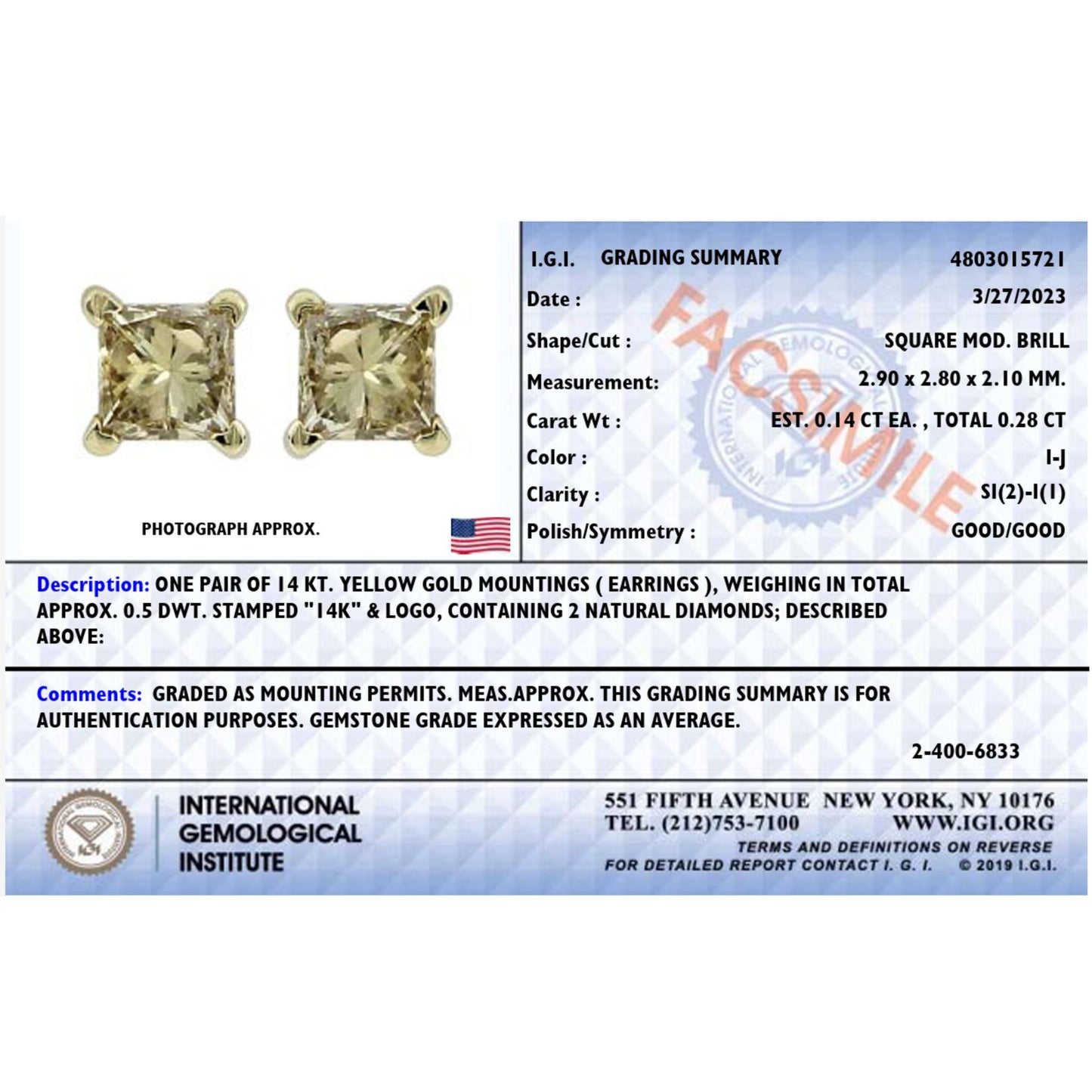 Close-up front view of a pair of yellow metal stud earrings, each featuring a square white gemstone with a four-prong setting.