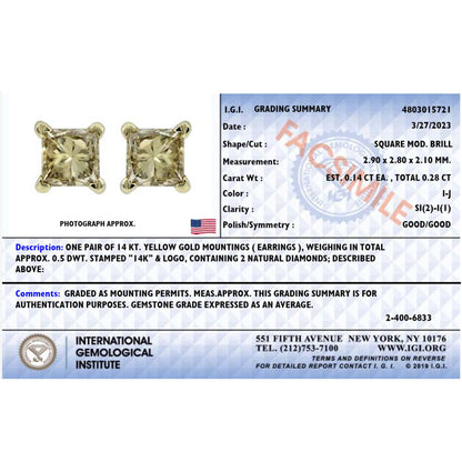Close-up front view of a pair of yellow metal stud earrings, each featuring a square white gemstone with a four-prong setting.