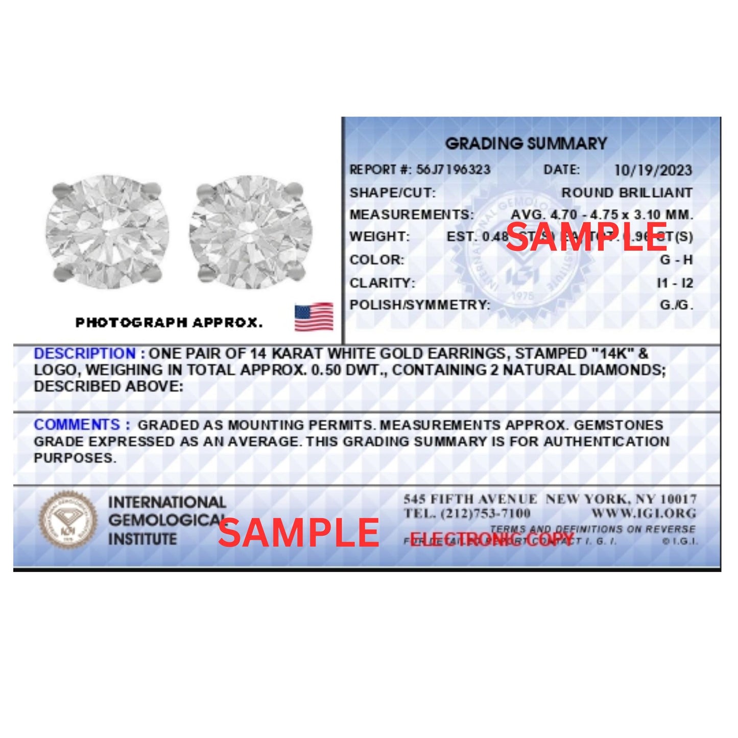 Alt text: Front-facing view of a pair of white metal stud earrings each set with a round white gemstone in a four-prong setting, shown on a scale.