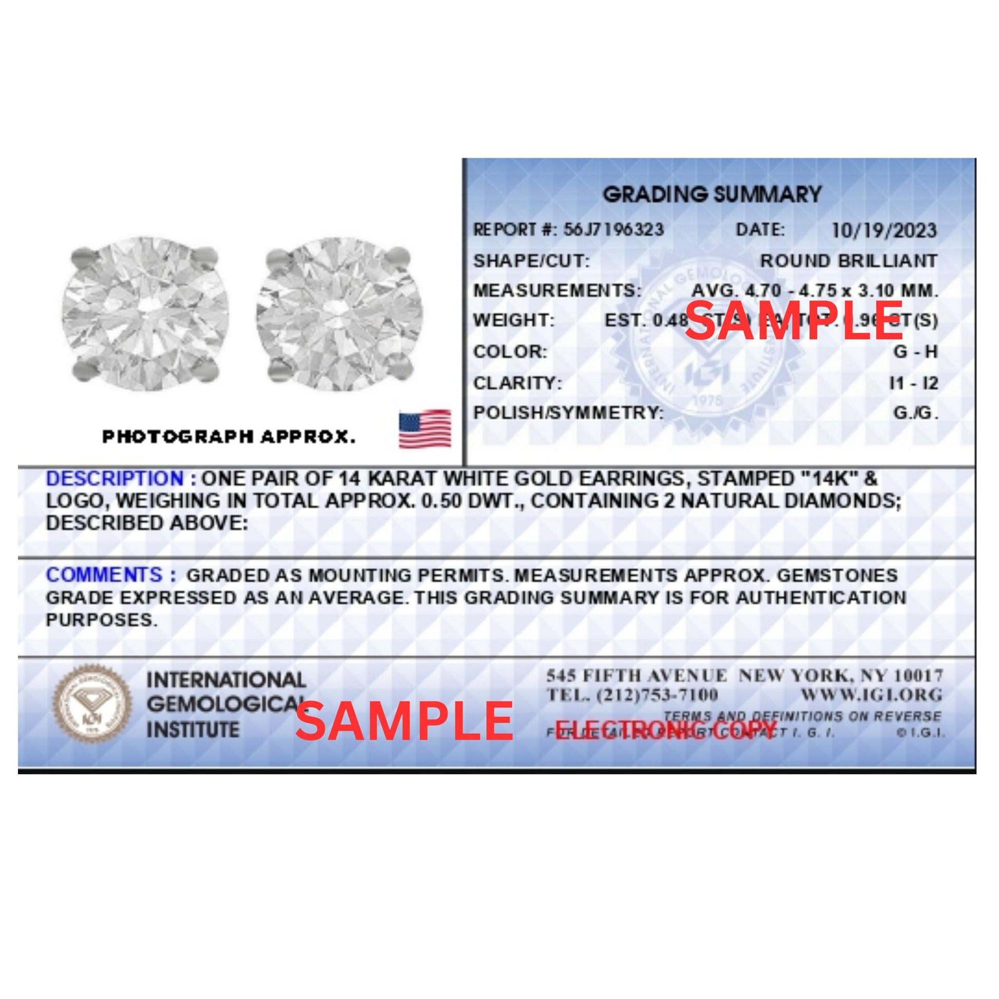 Alt text: Front-facing view of a pair of white metal stud earrings each set with a round white gemstone in a four-prong setting, shown on a scale.