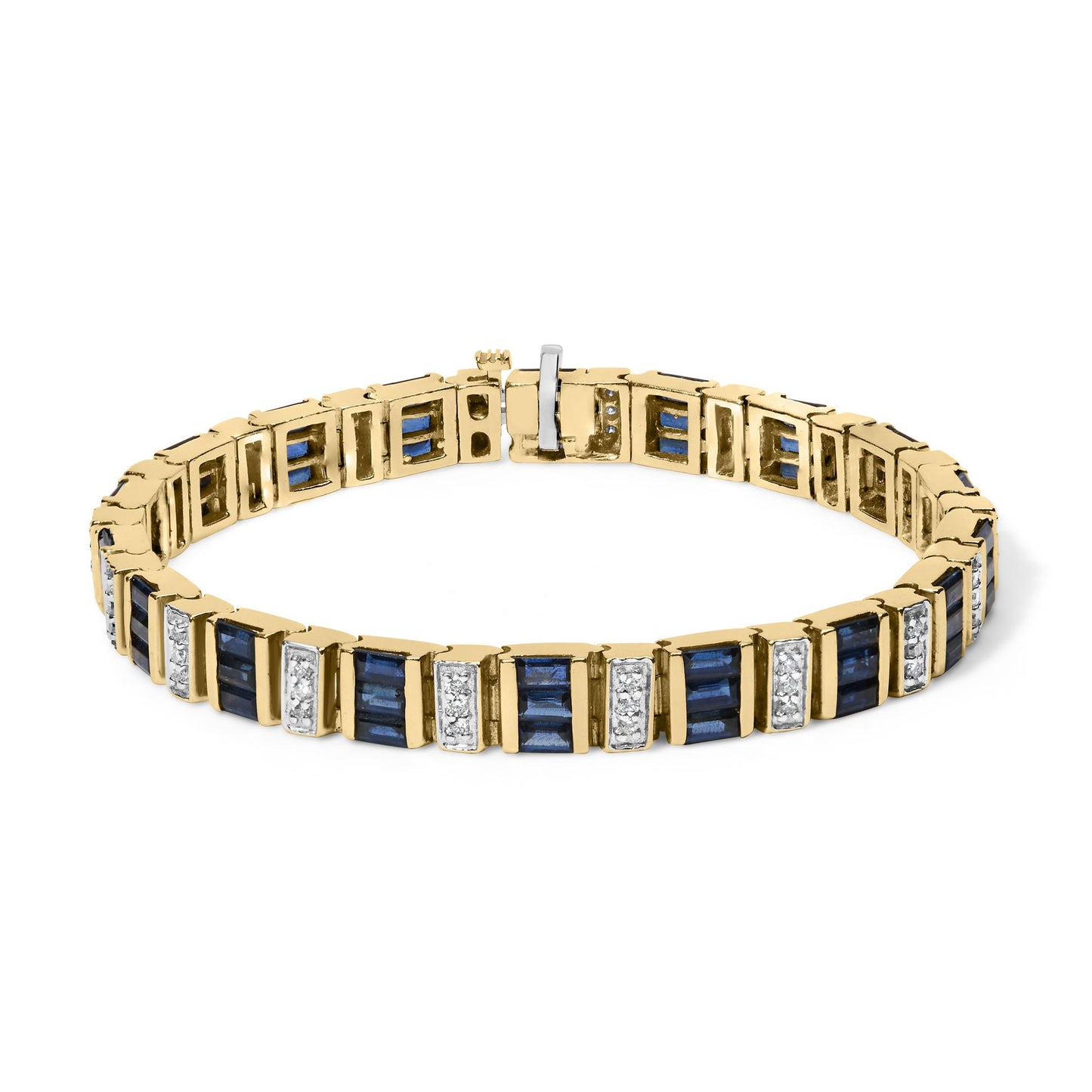 Yellow bracelet with alternating blue baguette-shaped gemstones in channel settings and sections of round white gemstones in shared prong settings, shown from a front angle.