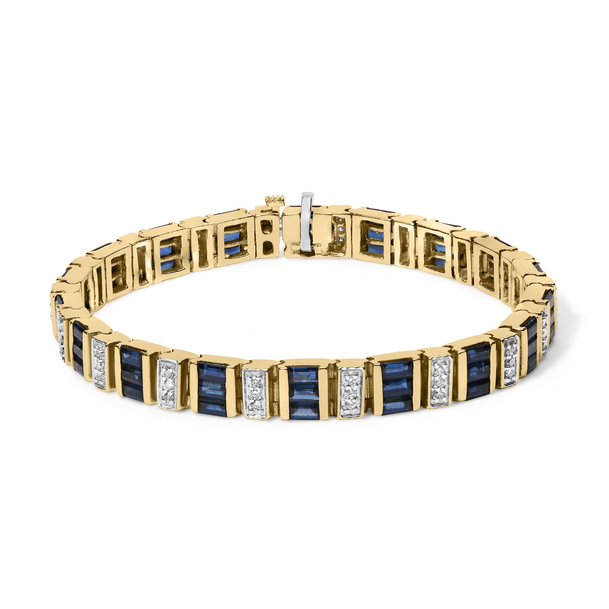 Yellow bracelet with alternating blue baguette-shaped gemstones in channel settings and sections of round white gemstones in shared prong settings, shown from a front angle.