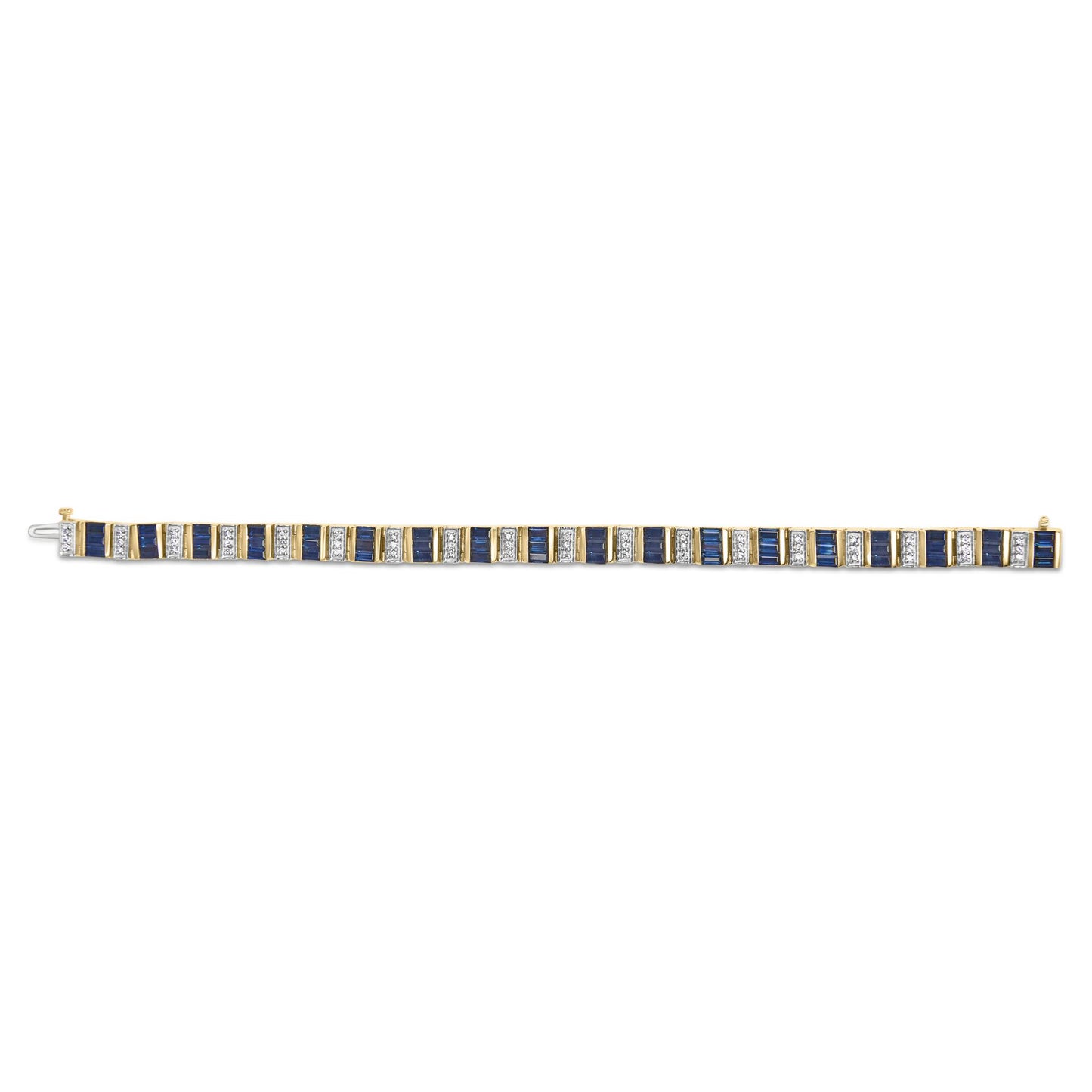 Straight-on view of a yellow metal bracelet featuring alternating round white gemstones in shared prong settings and blue baguette-shaped gemstones in channel settings.