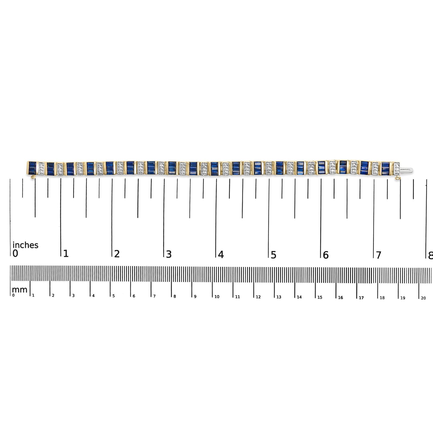 Top-down view of a yellow bracelet with alternating blue baguette-shaped gemstones and white round-shaped gemstones set in a linear pattern, placed on a ruler for size reference.