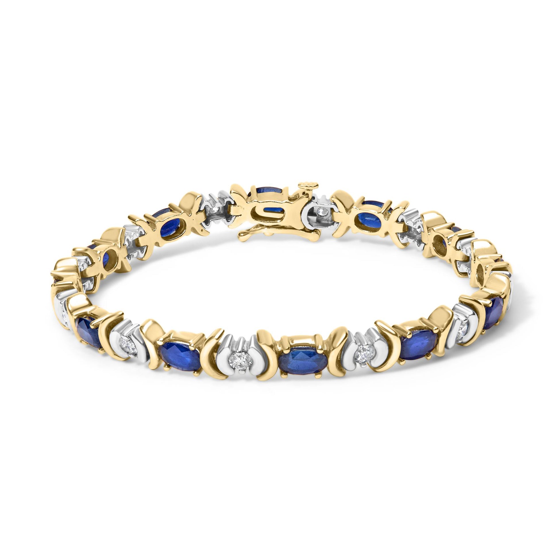 Yellow bracelet with alternating oval blue gemstones and round white gemstones in prong settings, shown in a slightly angled top view.