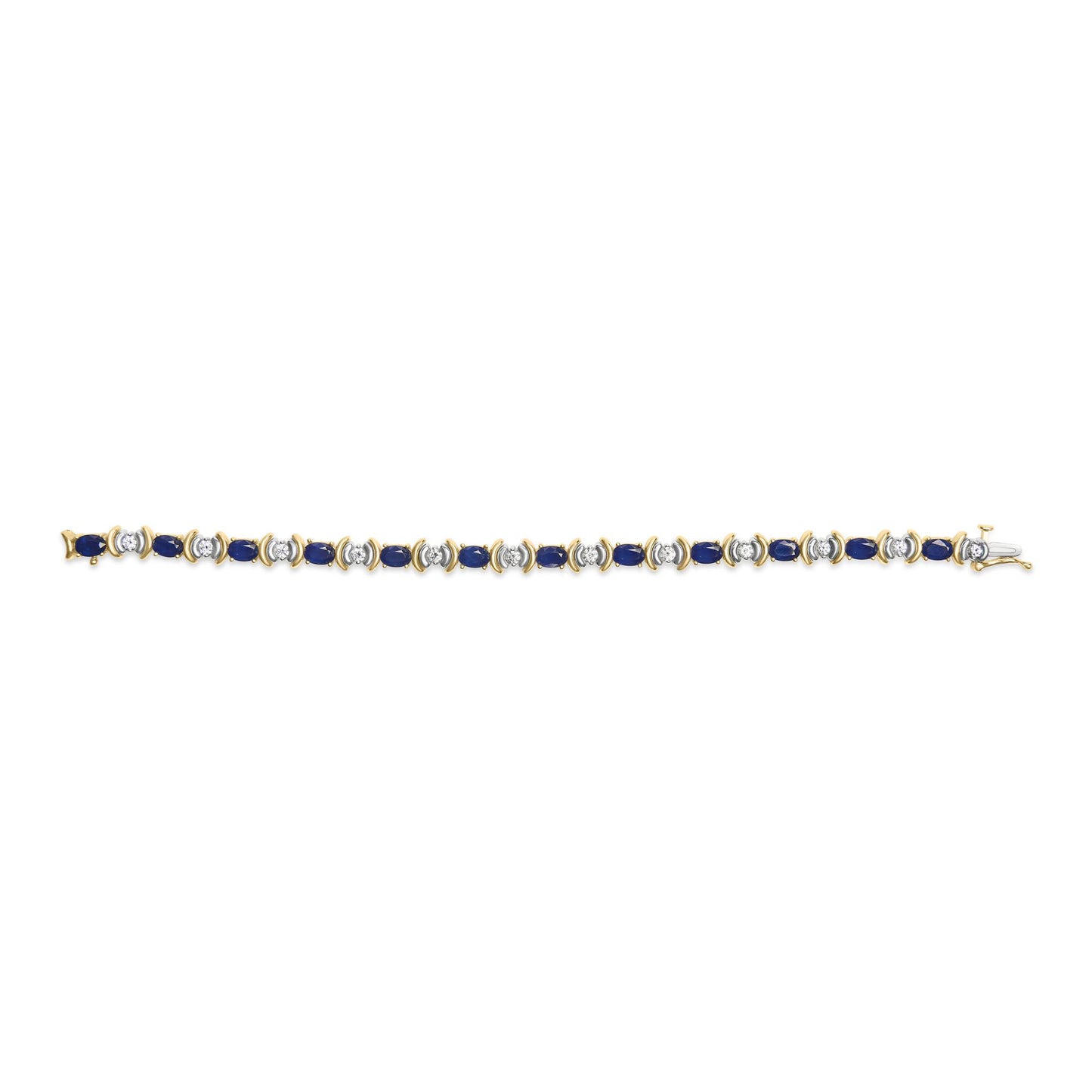 Yellow metal bracelet with alternating oval blue gemstones and round white gemstones, shot from above on a white background.
