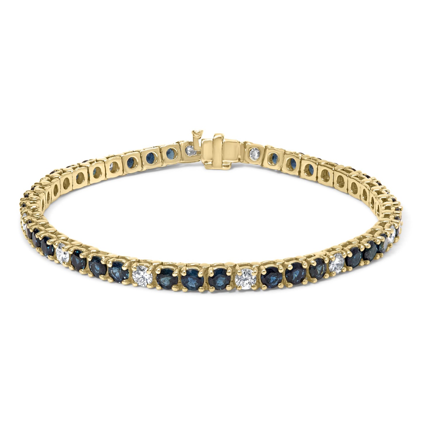 Yellow metal bracelet with alternating blue and white round gemstones in 4-prong settings, shown from a slightly angled top view.