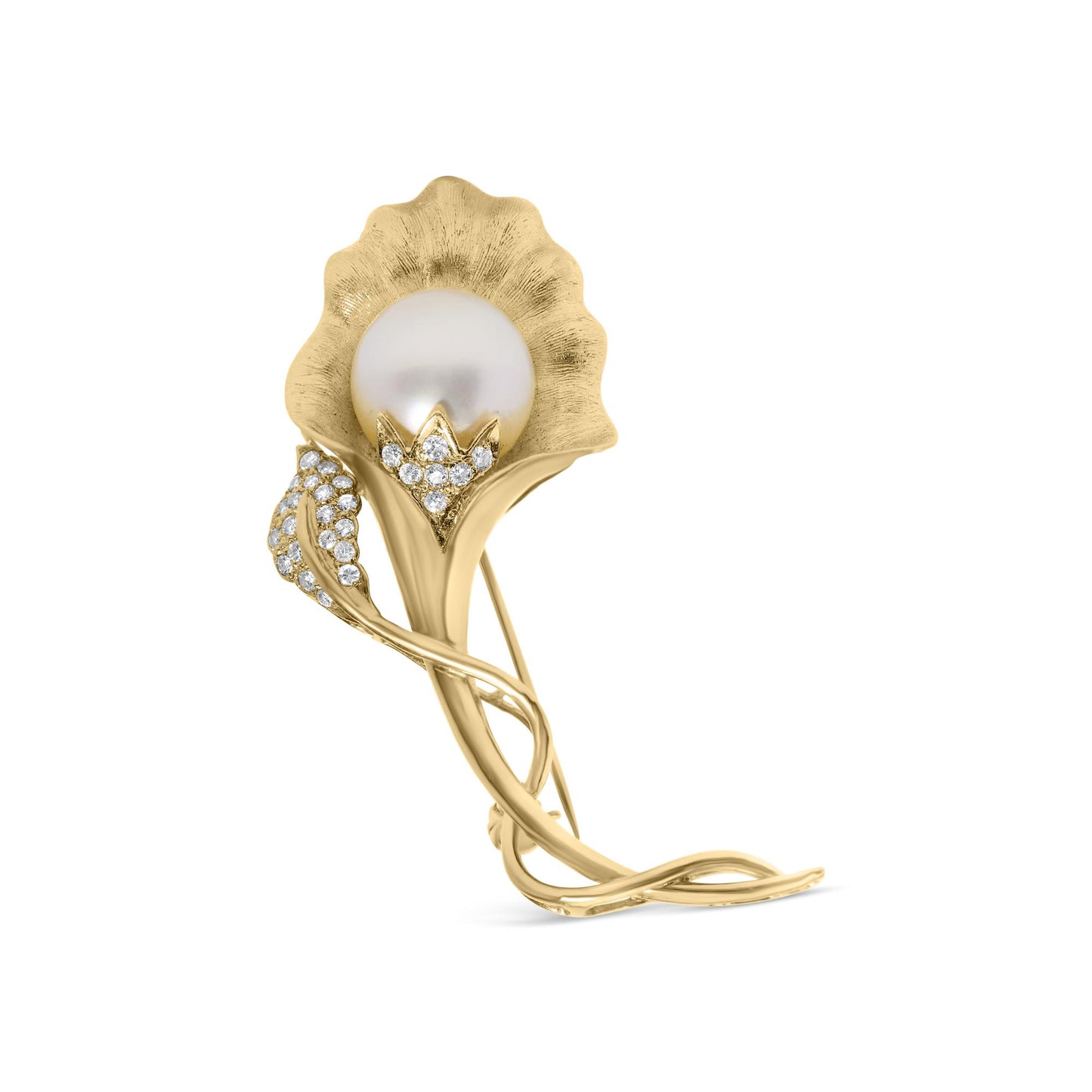 Yellow brooch shaped like a flower with a large white pearl center and white round pave-set gemstones on the petals, shown from a front angle.