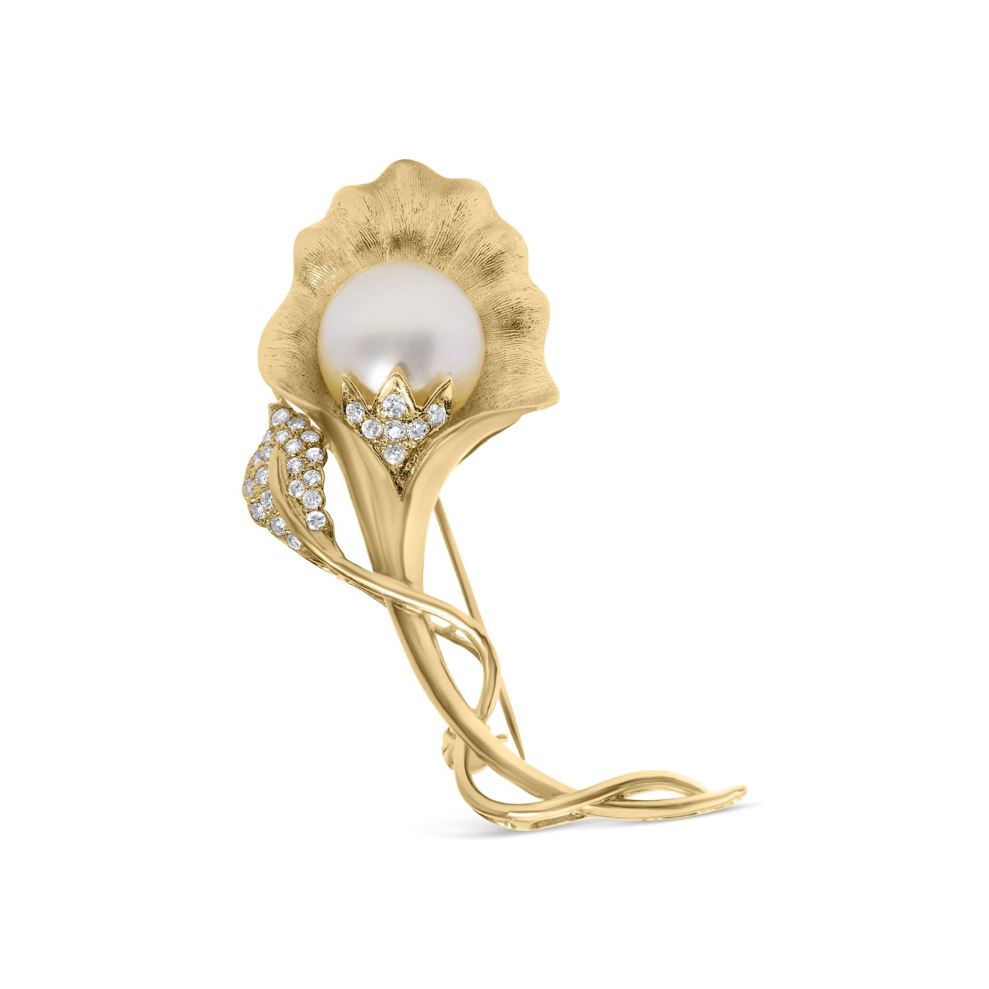 Yellow brooch shaped like a flower with a large white pearl center and white round pave-set gemstones on the petals, shown from a front angle.