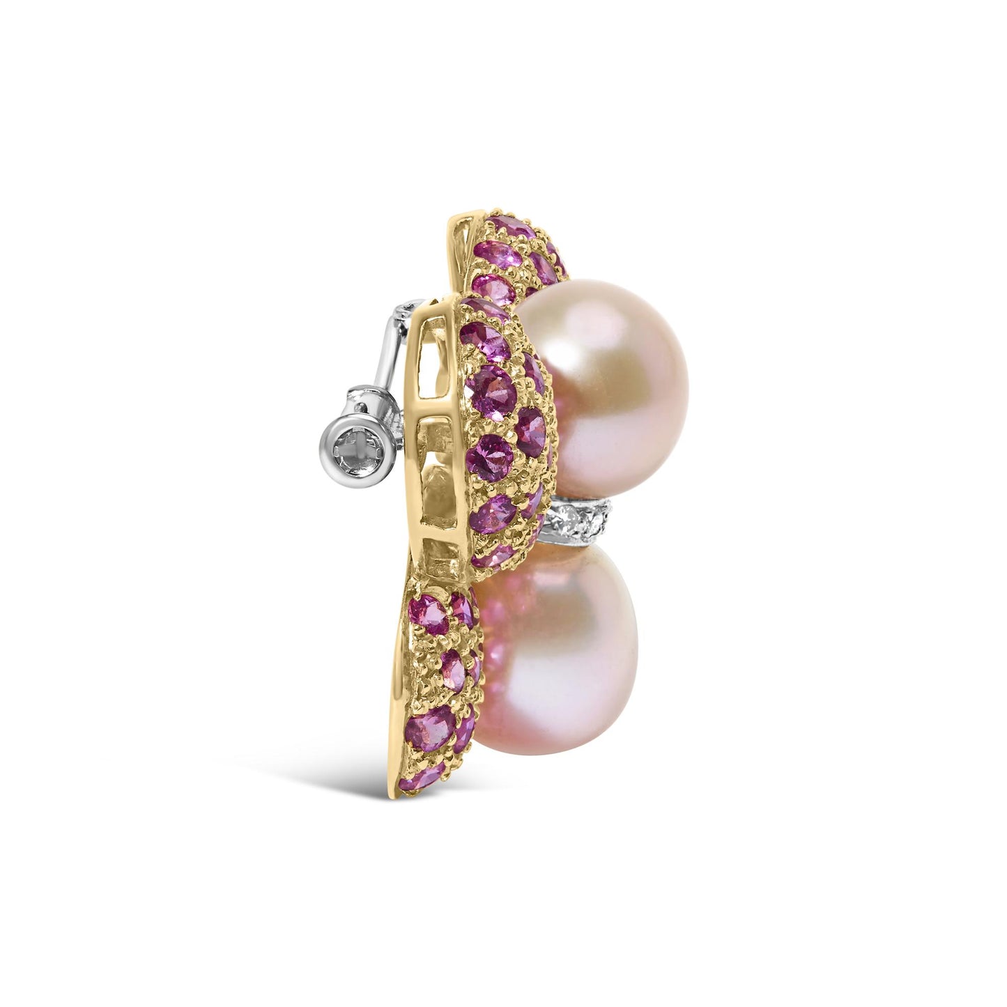 Side view of a yellow and white metal brooch featuring two large round pearls, pink round gemstones in pave setting, and small white round gemstones in pave setting.