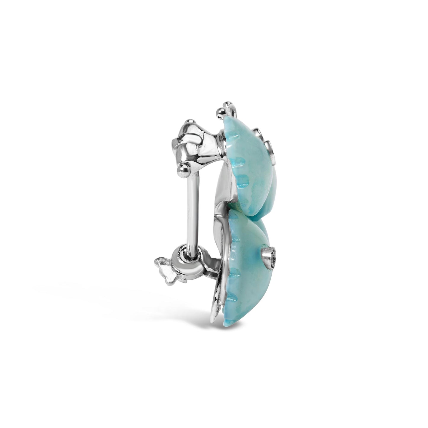 Side angle view of a white metal brooch featuring two rounded turquoise-colored stones with a central white gemstone on each. The back shows the pin clasp mechanism.