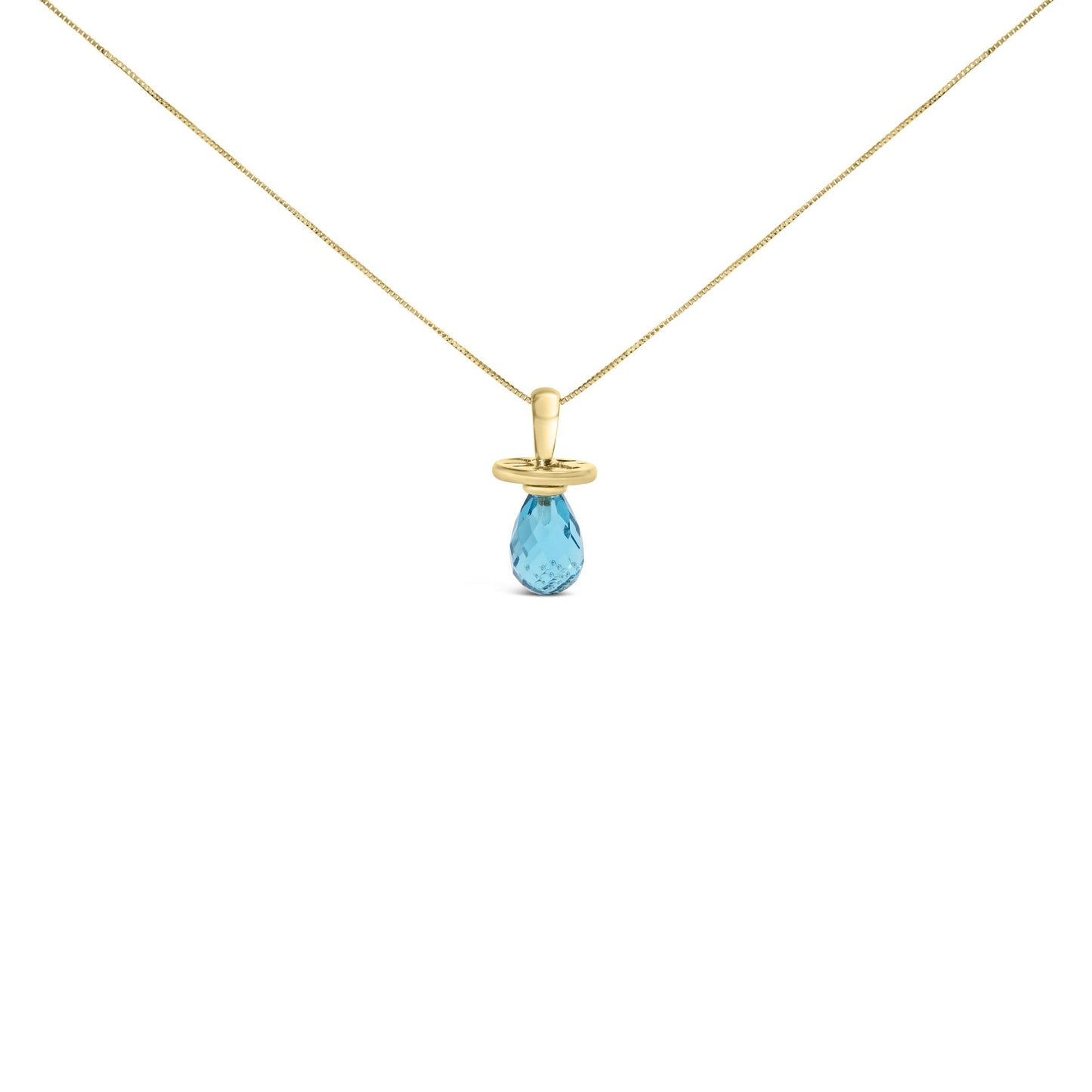 Front view of a yellow necklace with a faceted blue teardrop-shaped gemstone pendant in a drilled setting.