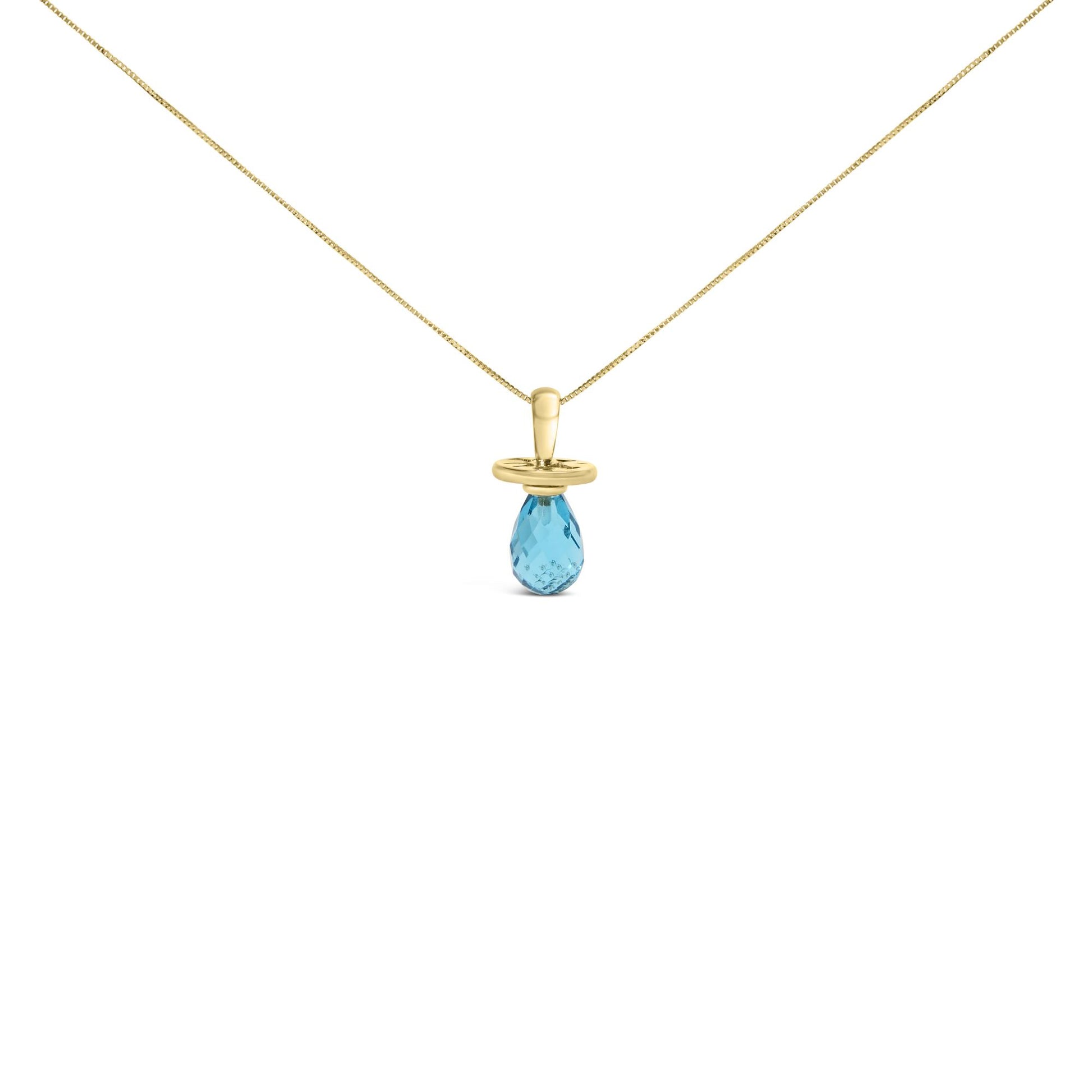 Front view of a yellow necklace with a faceted blue teardrop-shaped gemstone pendant in a drilled setting.