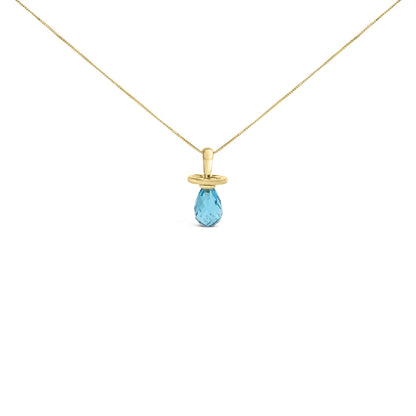 Front view of a yellow necklace with a faceted blue teardrop-shaped gemstone pendant in a drilled setting.