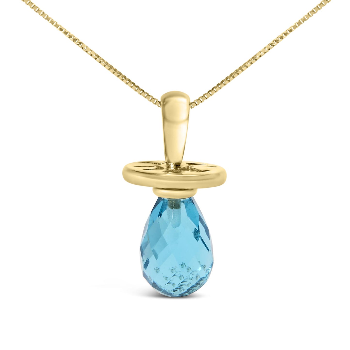Front view of yellow metal necklace with a round disc and a single faceted blue gemstone pendant in a drilled setting.