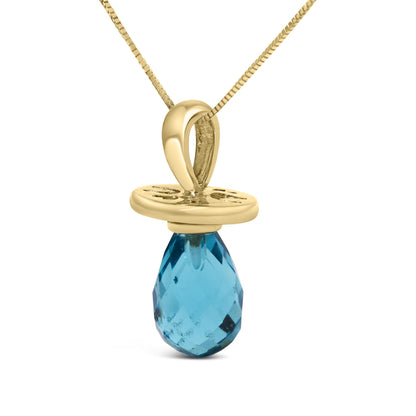Close-up front view of a yellow necklace pendant with a polished loop and a teardrop-shaped blue gemstone hanging from a flat, textured piece.