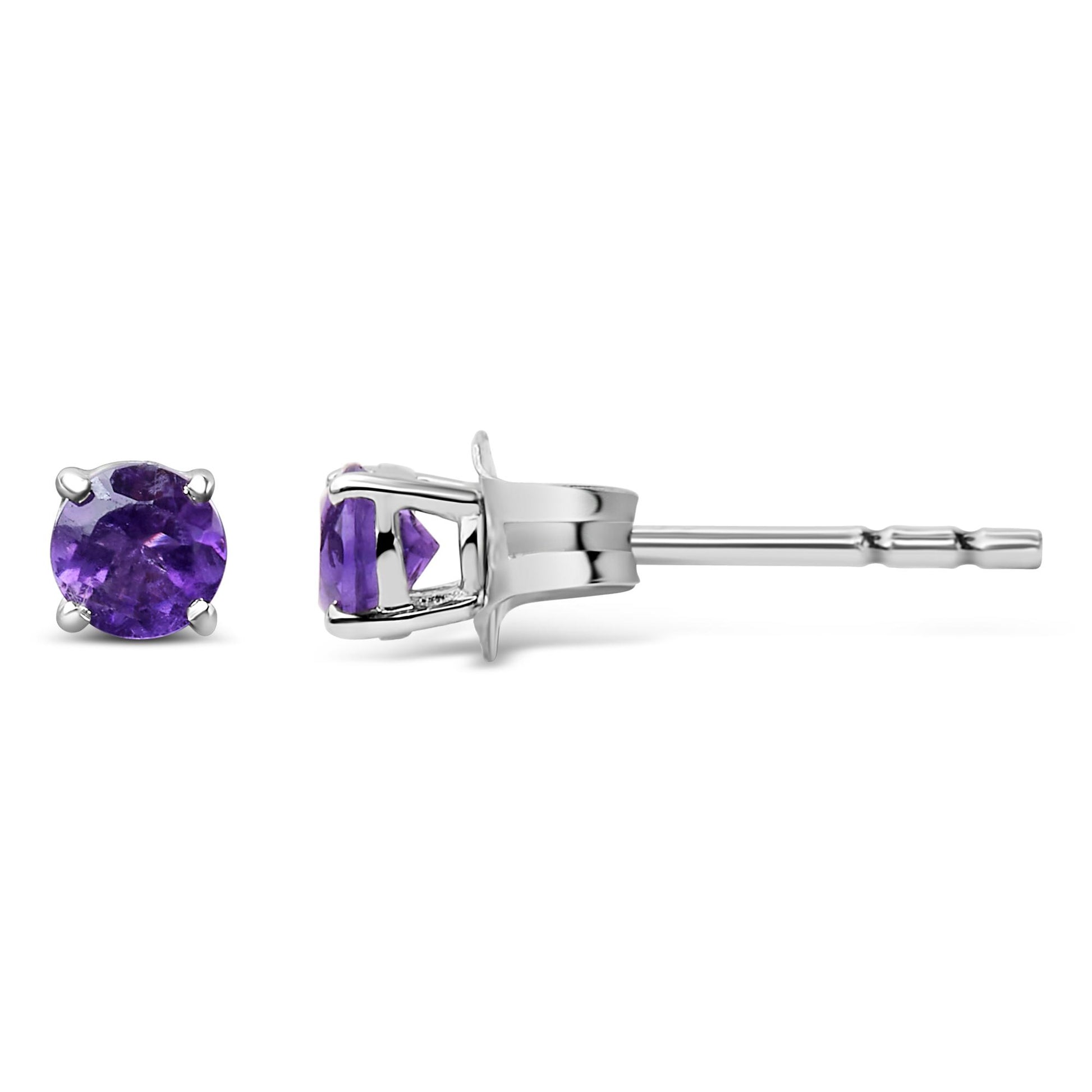 Close-up side and front view of a white metal stud earring with a round purple gemstone in a four-prong setting.