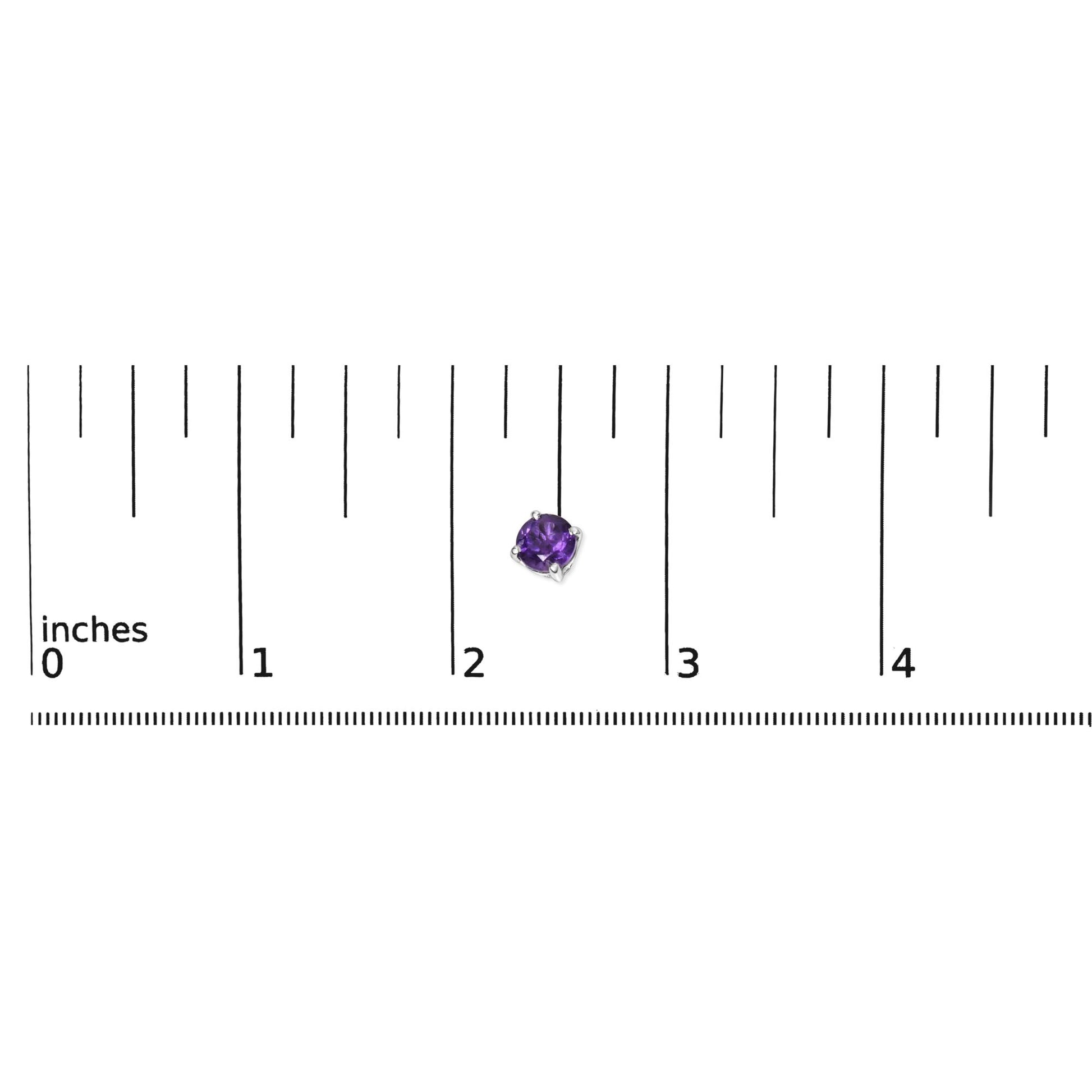Single white metal stud earring with a round purple gemstone in a four-prong setting, shown on a ruler for size reference.