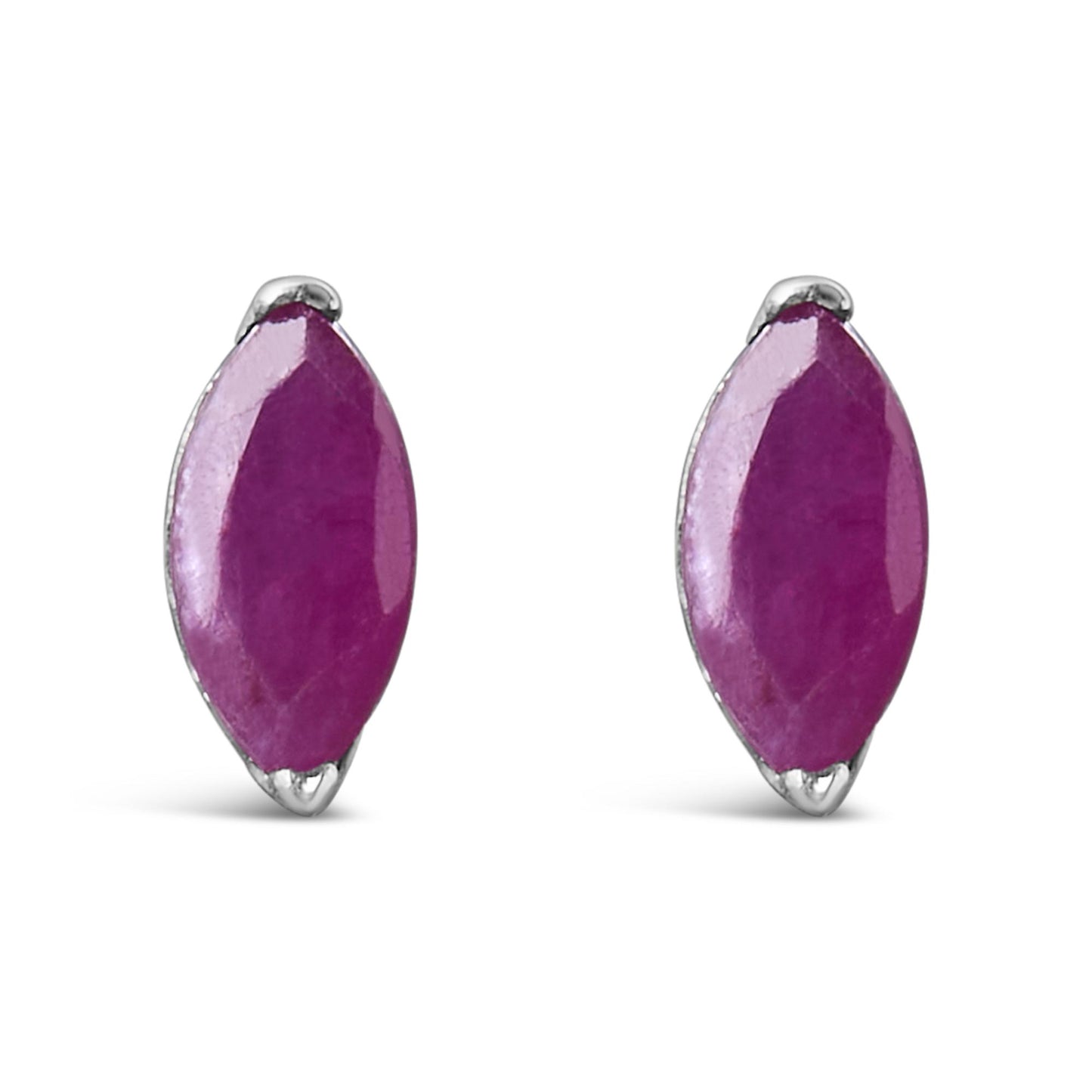 Pair of marquise-shaped pink gemstone stud earrings with white metal prong settings, front view.