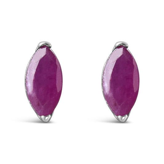 Pair of marquise-shaped pink gemstone stud earrings with white metal prong settings, front view.