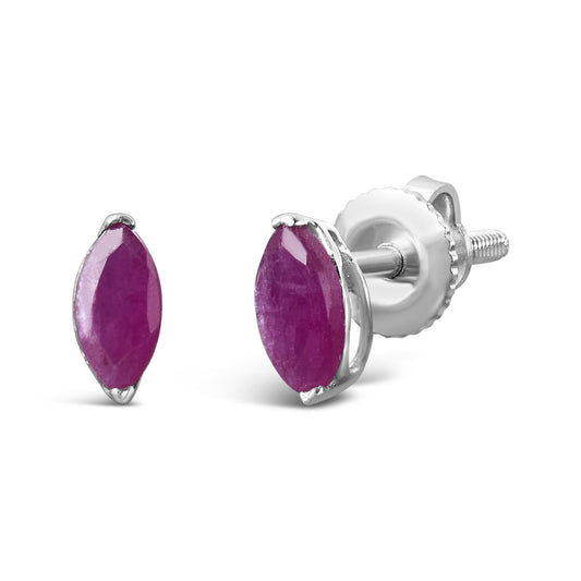 Pair of white metal stud earrings with marquise-shaped pink gemstones in a 2-prong setting, shown from a front and angled side view.