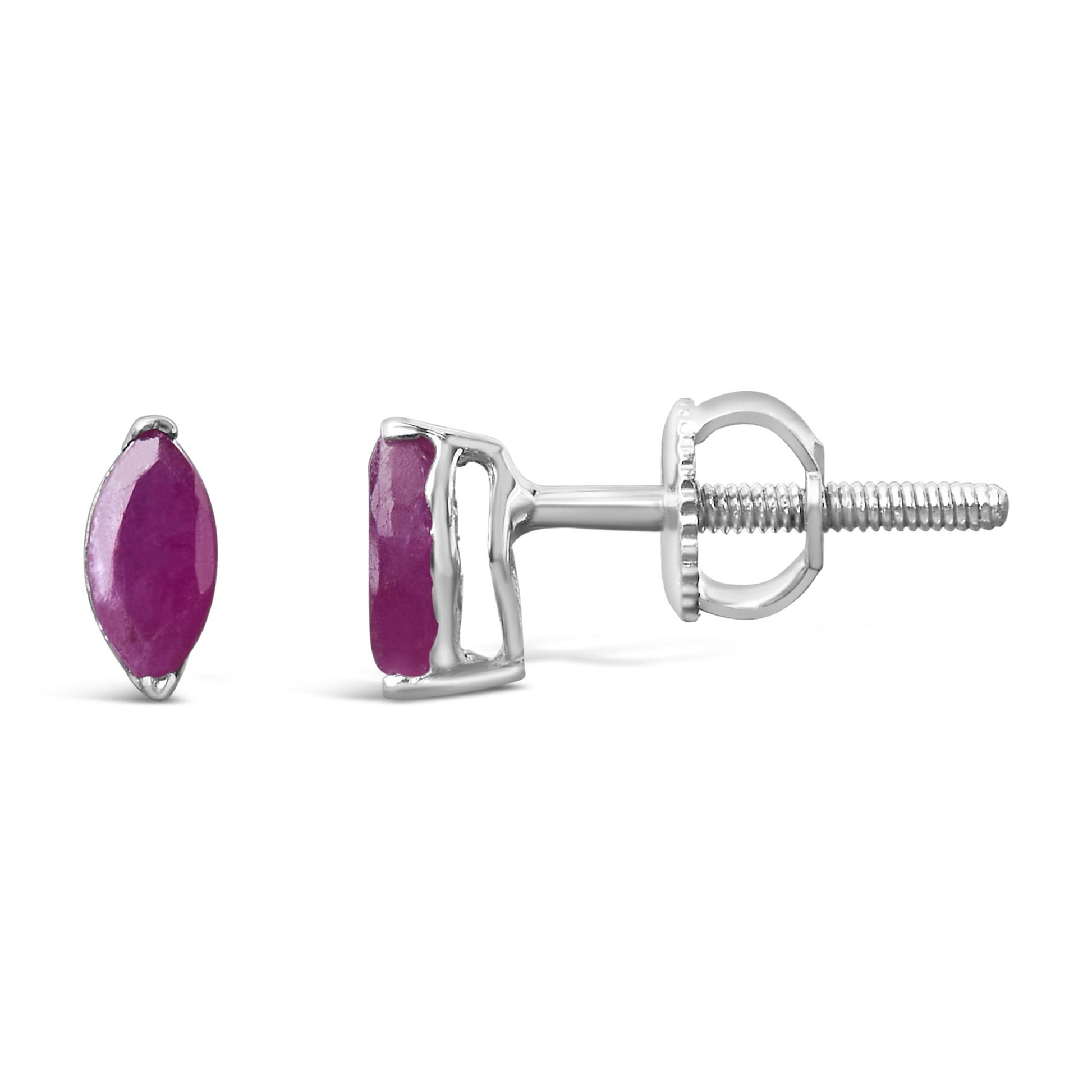 Close-up side and front views of white metal stud earrings with marquise-shaped pink gemstones in two-prong settings.