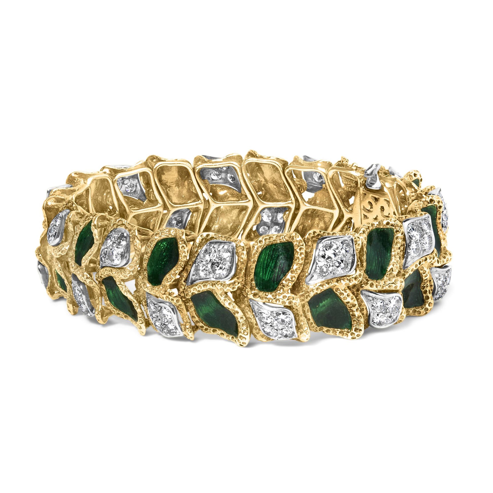 Yellow metal bracelet with alternating green and white gemstones in a leaf-like pattern, shown in a close-up angled side view.