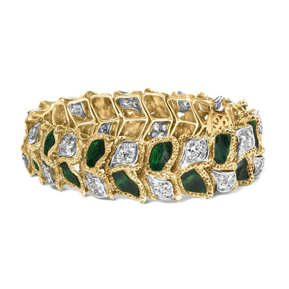 Yellow metal bracelet with alternating green and white gemstones in a leaf-like pattern, shown in a close-up angled side view.