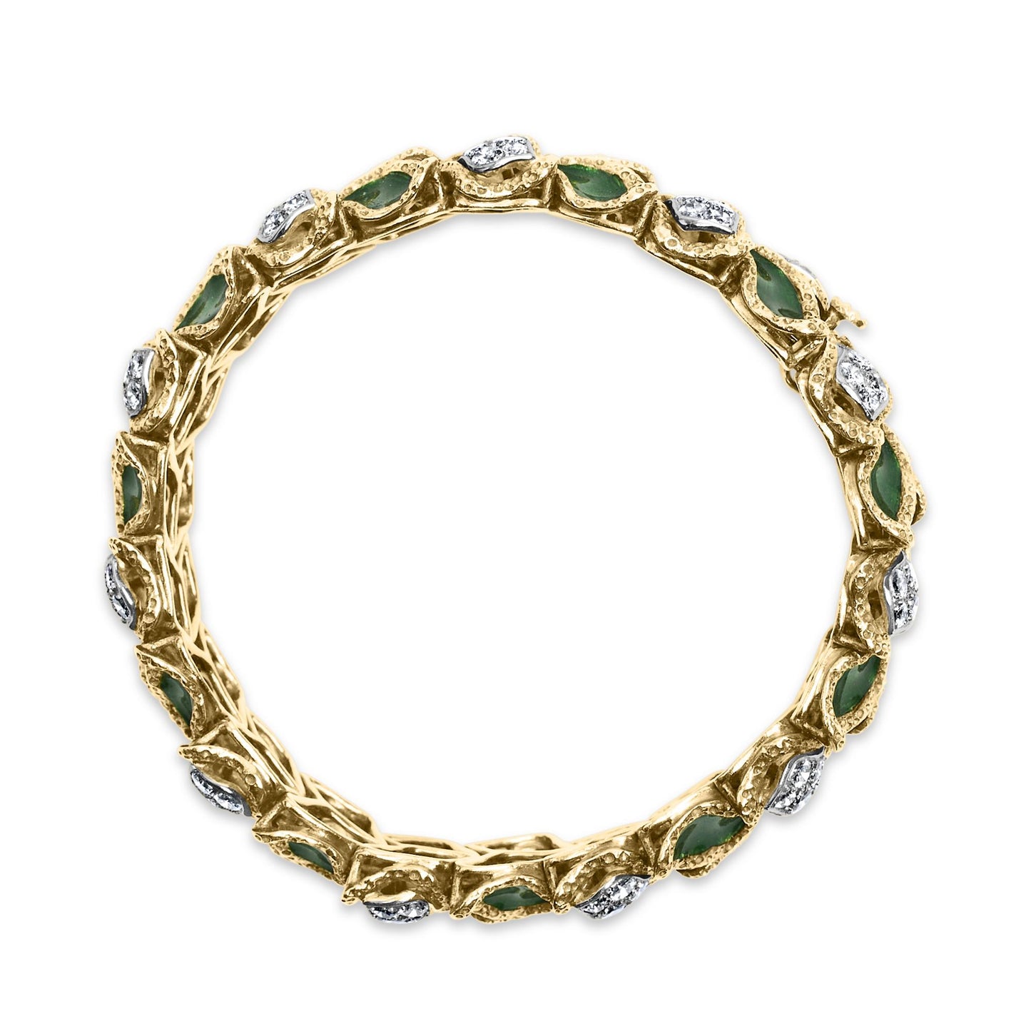 Top-down view of a yellow metal bracelet with alternating green and white gemstones in a textured setting.