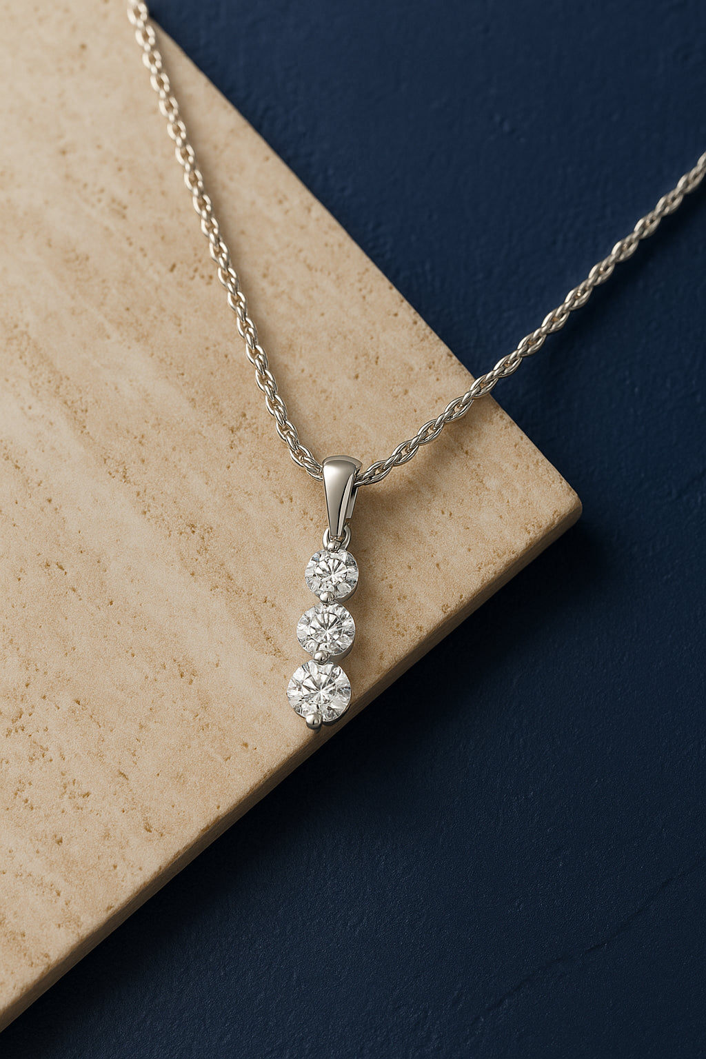 Close-up angled view of a white metal necklace with a twisted rope chain, featuring a vertical pendant set with three round white gemstones in prong settings, shown against a beige and navy background.