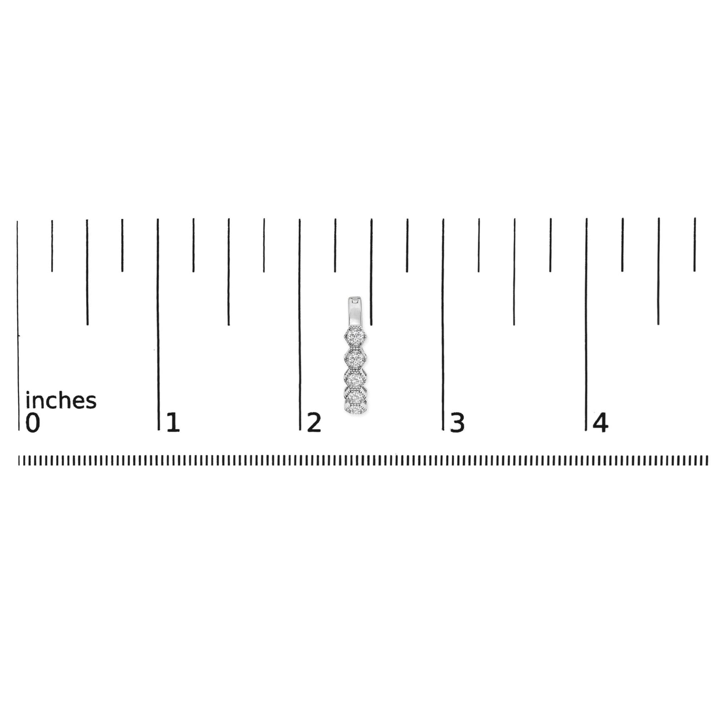 White metal earring with round white gemstones in a vertical row, shown on a scale from a top-down angle.